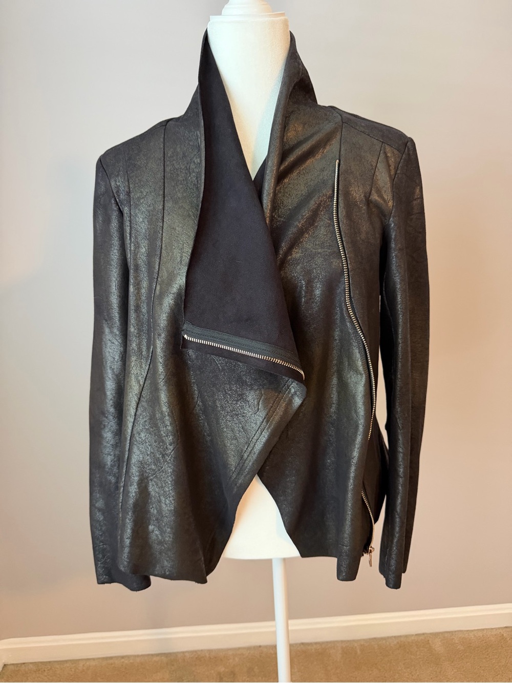 Zara Black Faux Leather Draped Open-Front Jacket